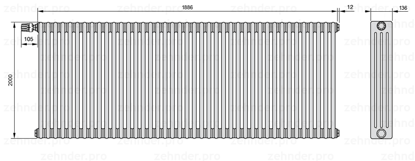 Схема (чертеж) Радиатор Zehnder Charleston 4200/41 №V011 Белый глянцевый RAL 9016